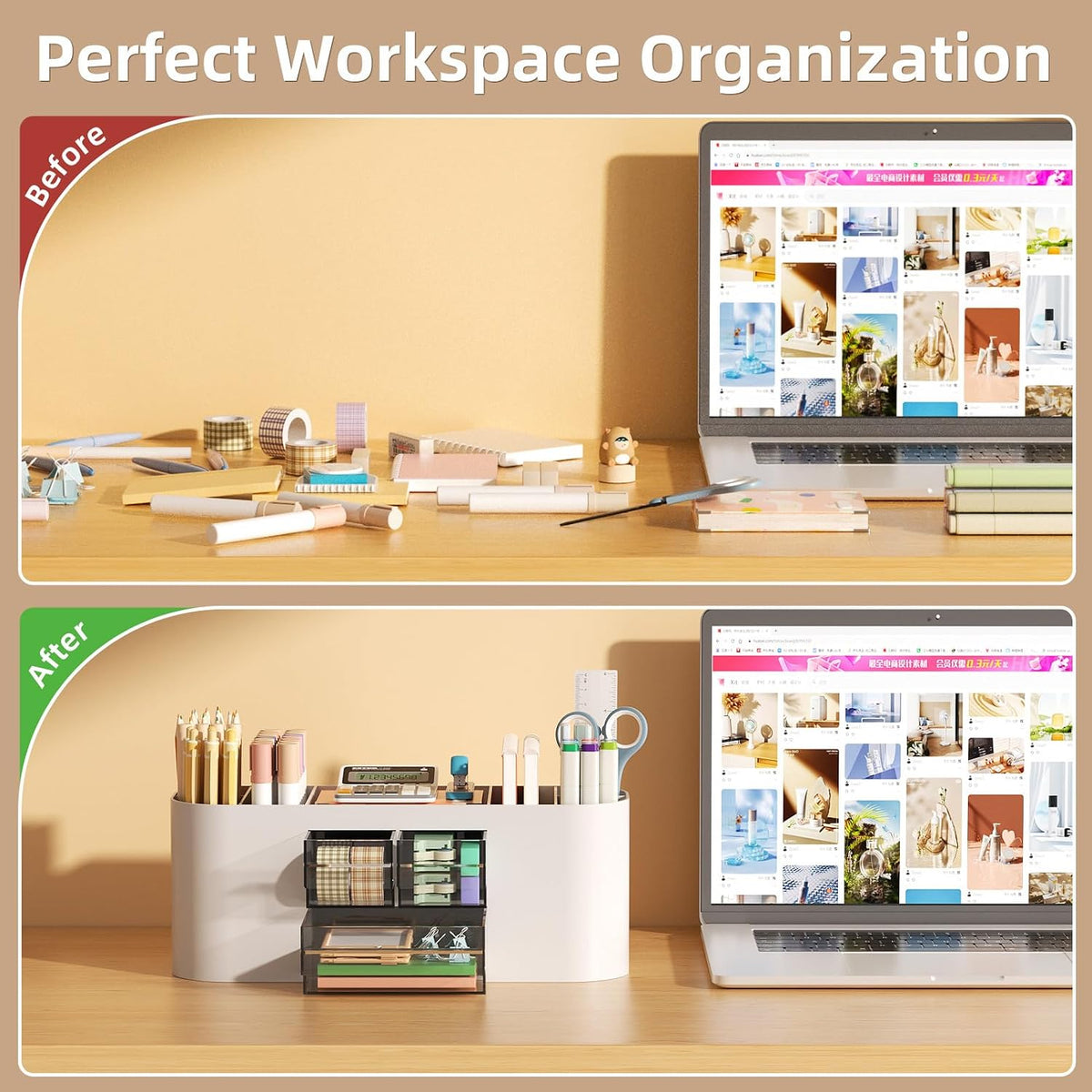 Marbrasse Desk Organizer Pen Holder for Desk with 3 Drawers, Multi-Functional Pencil Holder, Desk Organizers and Accessories with 7 Compartments for Home, School, Classroom(Pink)