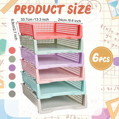 Tenceur 6 Pcs Turn in Trays Classroom, Pastel Paper Tray for Classroom Organization and Storage Stackable Plastic Book Baskets Teacher Organizers for Library Drawers Office Desk