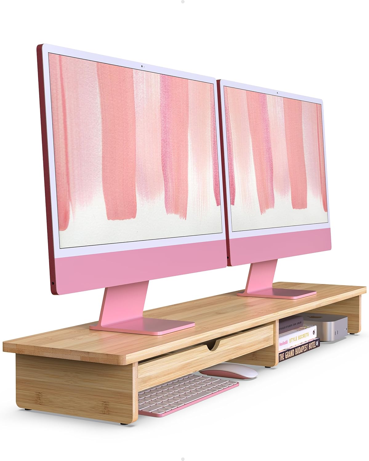 Bamboo Monitor Stand with Large Storage Drawer,23 Inch Ergonomic Computer Riser for Desk, Holds Up to 220lbs, Screen Shelf with 5 Compartments for Keyboard & Stationery Organization