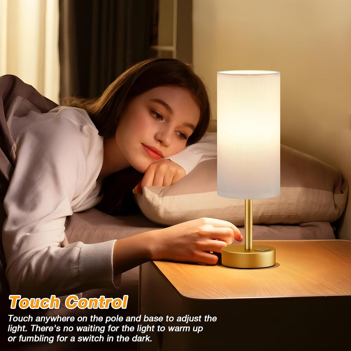 Dicoool Bedside Table Lamp for Bedroom - 3-Way Dimmable Touch Lamp, USB A+C