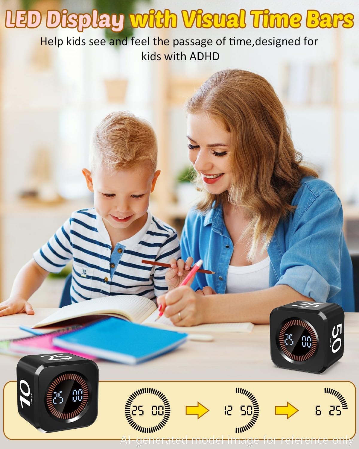 Digital Pomodoro Timer Cube 5/10/25/50min, Visual Productivity Flip Timer for Kids Classroom Desk, Custom Countdown, Silent and Sound Mode for ADHD Study Work Game Kitchen (Purple)