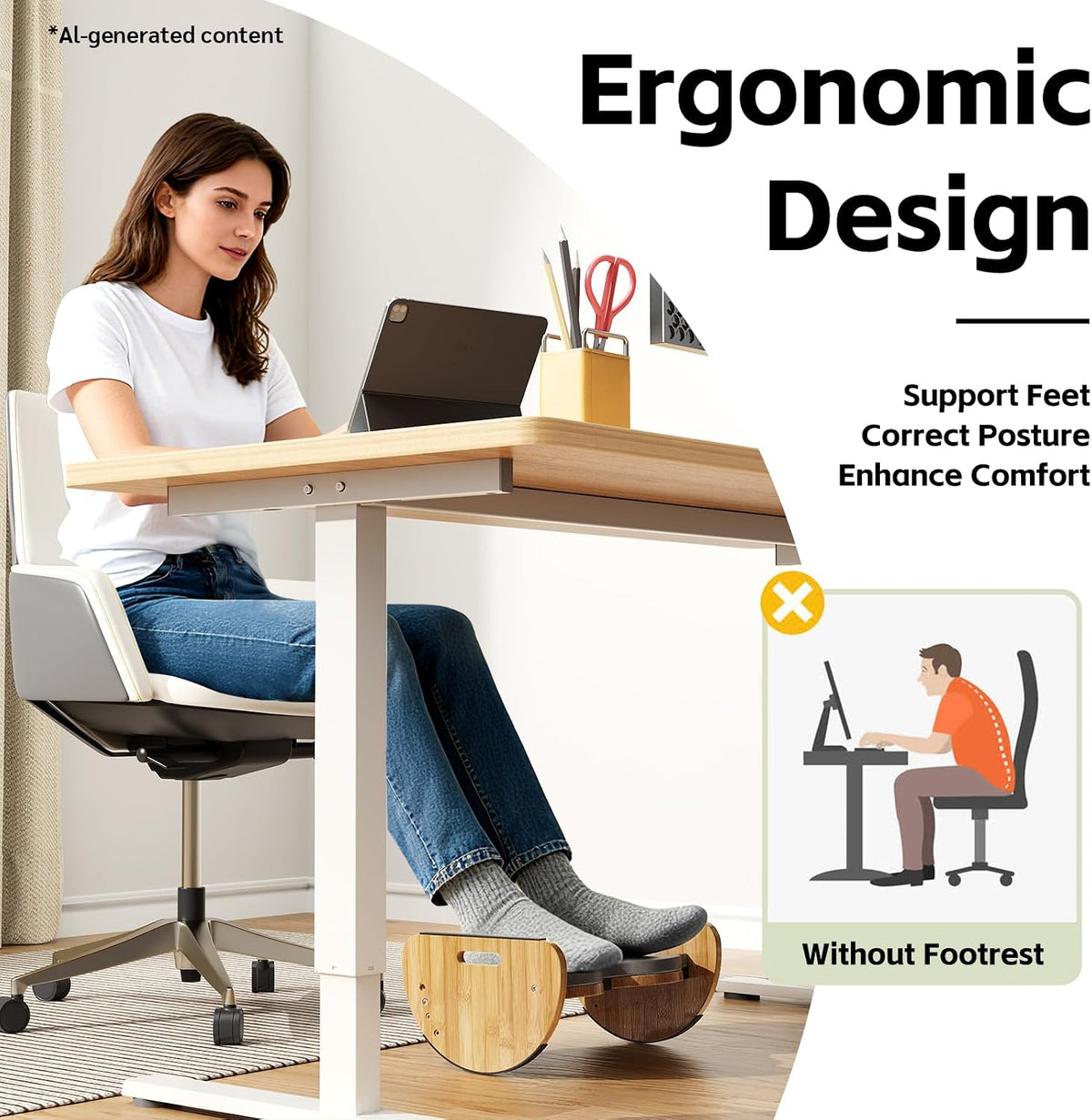 Ergonomic Under Desk Bamboo Footrest, 3-in-1 Reversible Rocking Footrest with Footpads, 4 Adjustable Heights Office Foot Stool, Large Anti-Slip Surface, Improves Posture and Blood Circulation