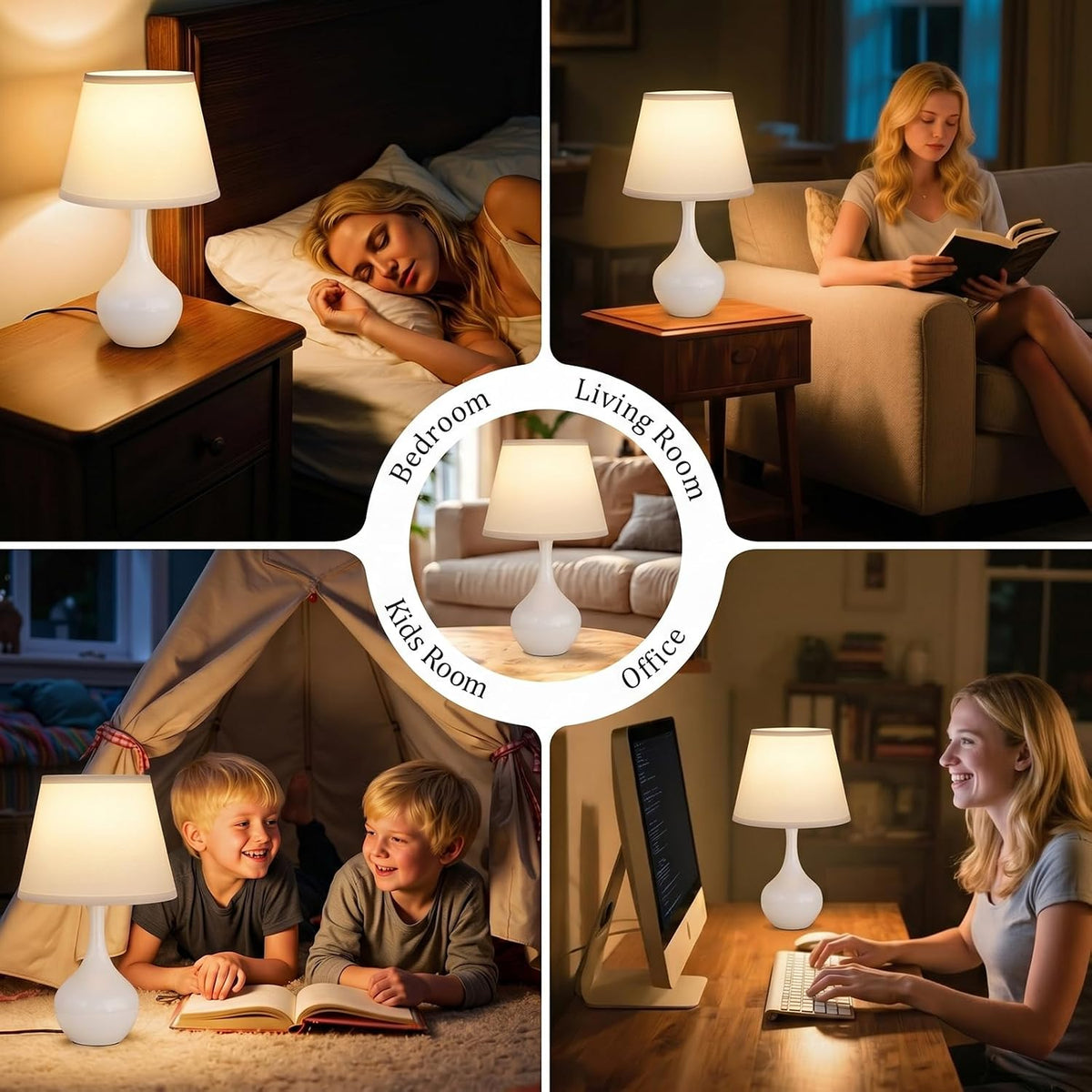 Seealle Touch Table Lamp for Bedroom, 3-Way Dimmable Small Bedside Lamps for Night Stands with Wires, Wood-Paint Desk Lamp for Kids Room, Office, Living Room, End Table(LED Bulb Included)