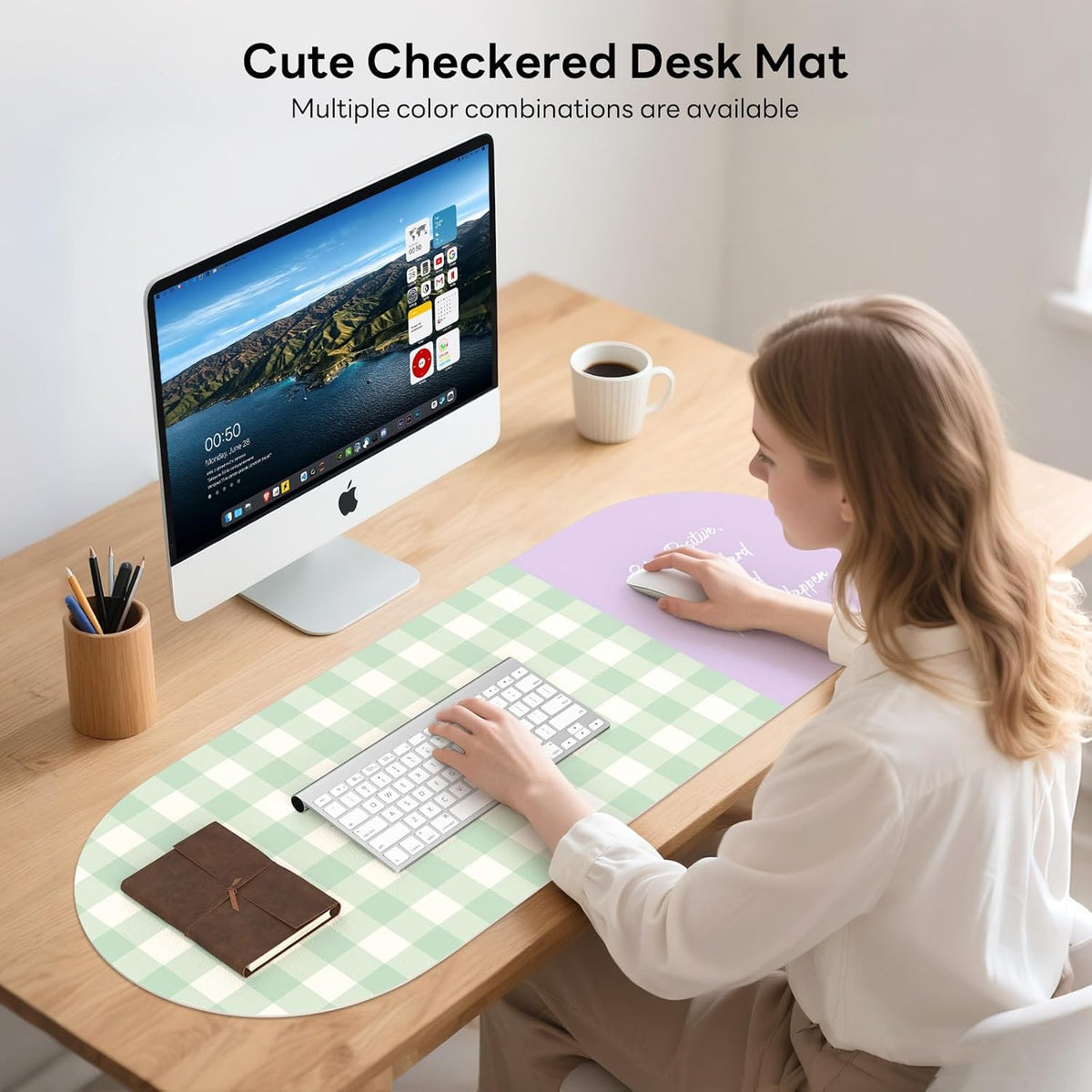 Checkered Pattern Desk Pad Protector, 35.5 x 13'' Aesthetic Mouse Mat for Desktop, Waterproof PU Leathe Non-Slip Desk Writing Pad for Office and Home, Green and Purple