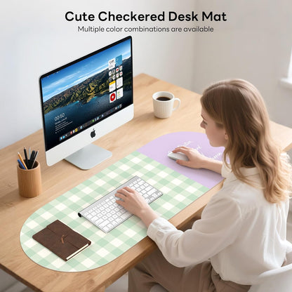 Checkered Pattern Desk Pad Protector, 35.5 x 13'' Aesthetic Mouse Mat for Desktop, Waterproof PU Leathe Non-Slip Desk Writing Pad for Office and Home, Green and Purple