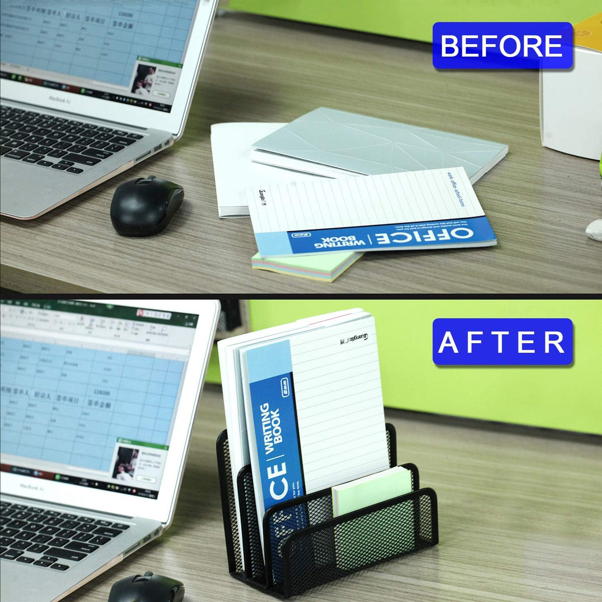 Desk Mail Organizer, File Holder Letter Sorter with 3 Vertical Upright Metal Mesh Compartments Document, Filing, Folders, Mail, Paper Organizer for Home or Office Desktop