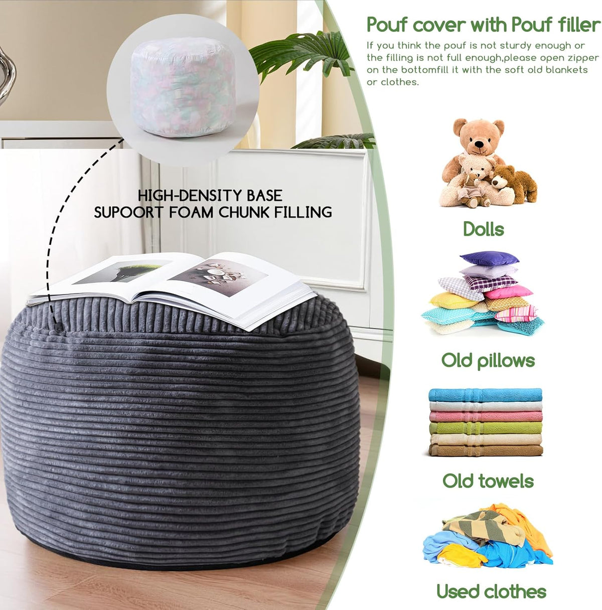 Round Stuffed Pouf Ottoman, Corduroy Poufs with Foam Chunk Filling, Furry and Fluffy Pouf Foot Stool Storage Ottoman, 20 X 15 Floor Poufs Foot Rest for Living Room, Dark Grey