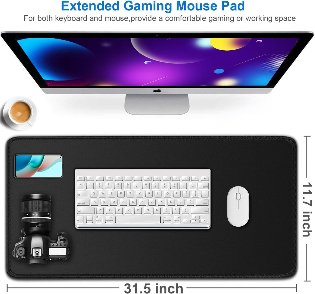 Large Gaming Mouse Pad, 31.5x15.7 inch Large Extended Computer Keyboard Mouse Mat, Water Resist Non-Slip Mousepad Rubber Base Long XXL Desk Mouse Pad for Work & Gaming, Office & Home, Black