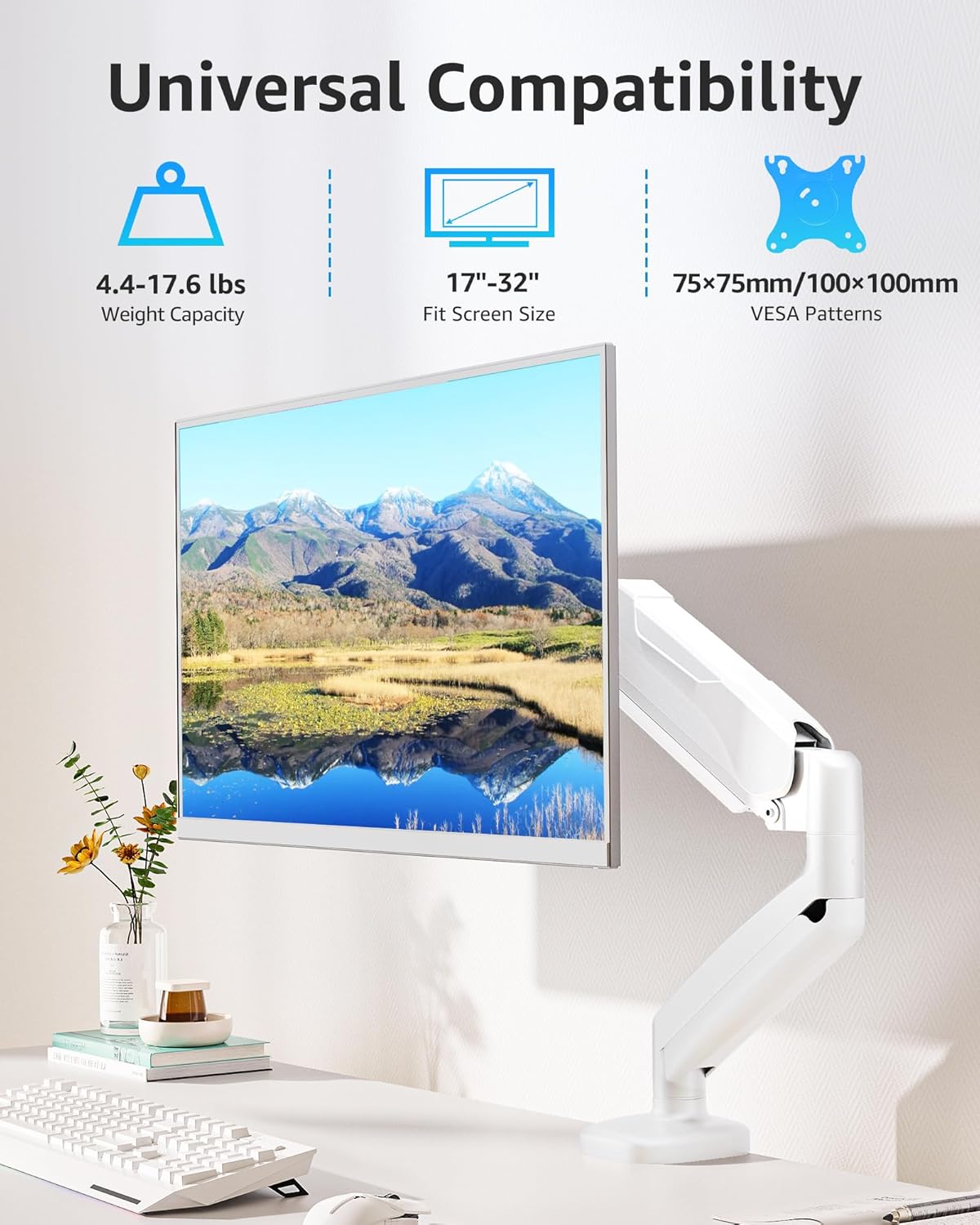 Dual Monitor Stand fits up to 32 inch, 4.4-19.8 lbs Computer Screens, Dual Monitor Desk Mount Height Adjustable, Monitor Arms for 2 Monitors, Home Office VESA Mounts, Freelift White
