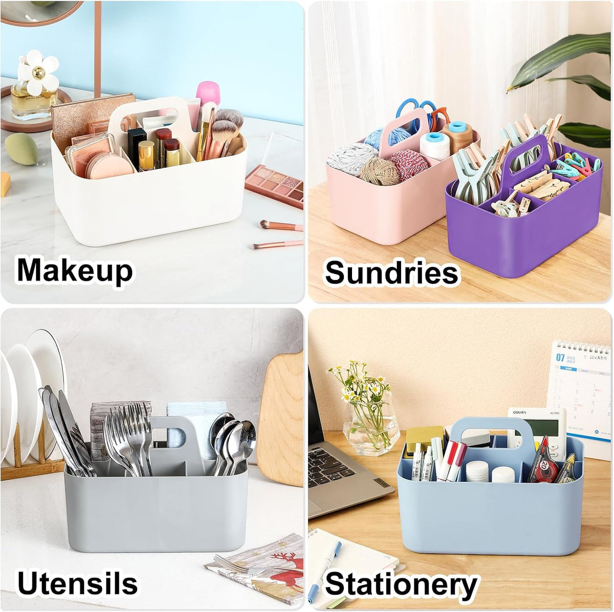 Multiuse Caddy Organizer with Handle, Portable Divided Plastic Tote Bin - Art Craft, Stationary Pen Marker Crayons, Makeup Hair Supplies Storage - Bathroom, Classroom, Dorm, Office, Desk Holder -Black