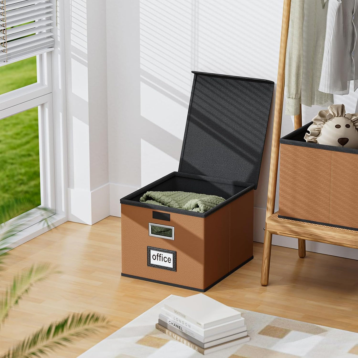 Upgraded Portable File Organizer Box with Lid, Collapsible Linen Hanging Filing Storage Boxes with Plastic Slides, Decorative Home/Office Filing System Box for File and Folders Storage (Gray)