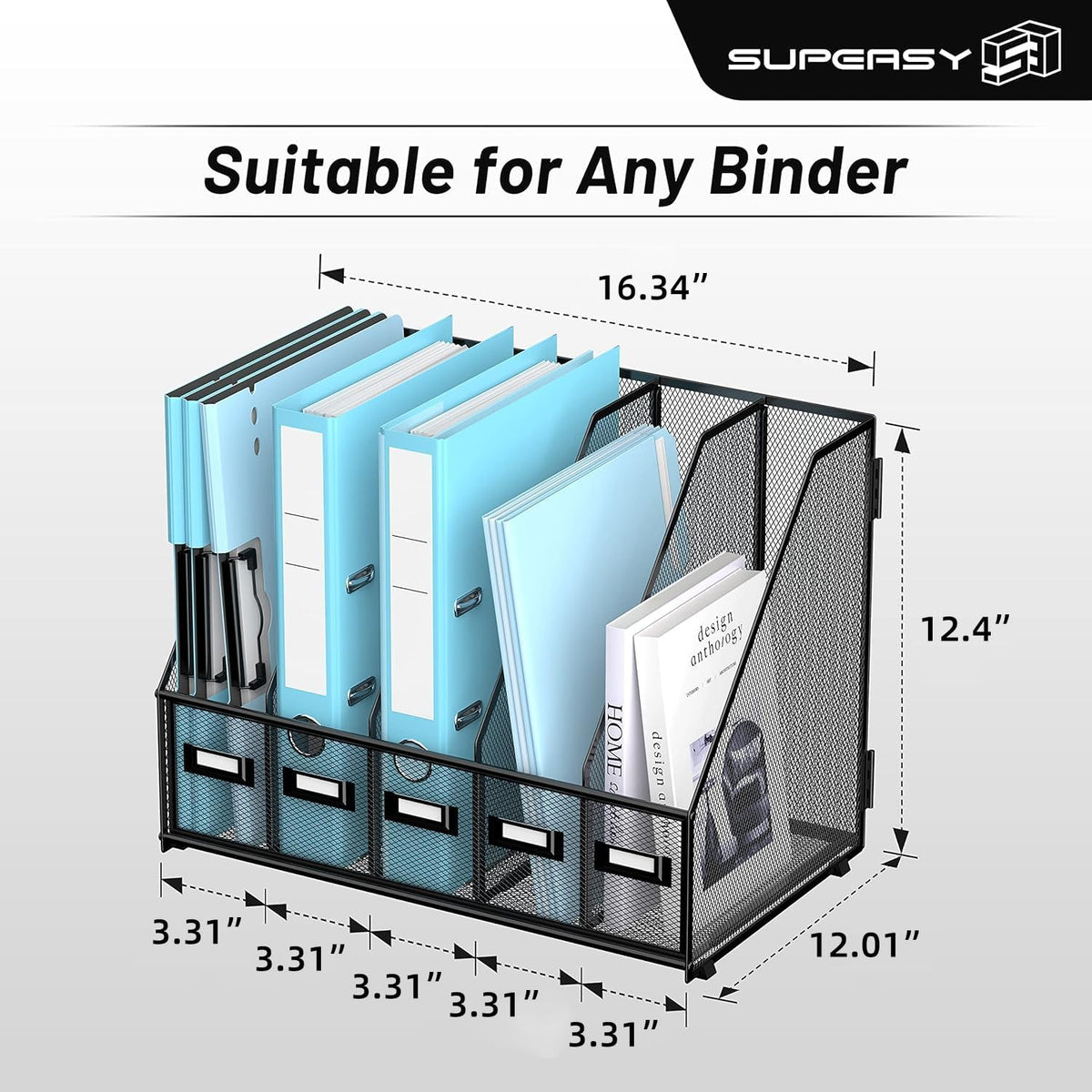 Desk Organizers Metal Desk Magazine File Holder with 5 Vertical Compartments Rack File Organizer for Office Desktop, Classroom, Home Workspace, Black
