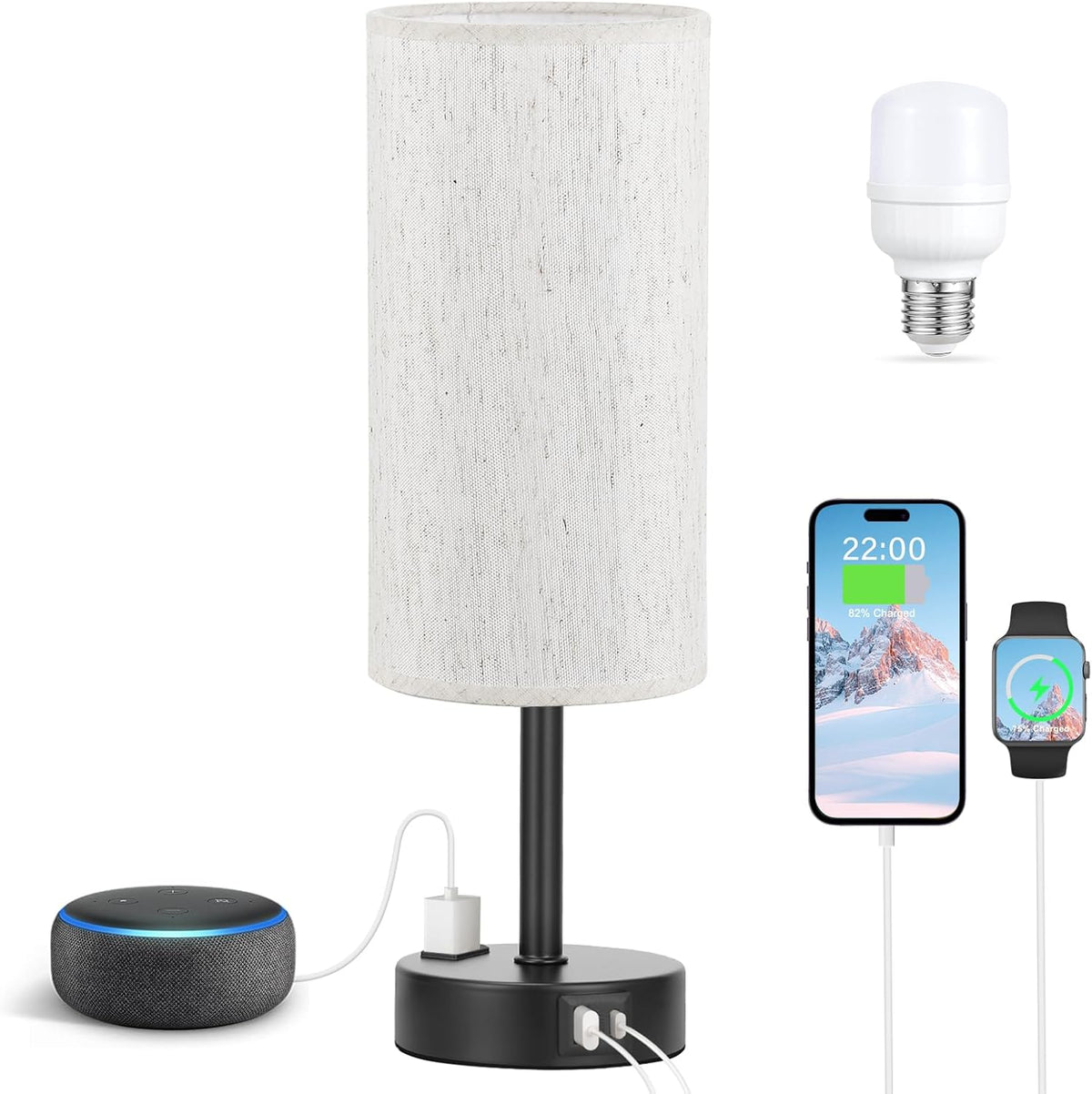 Fenmzee Bedside Table Lamp for Bedroom - Dimmable Touch, USB A+C, AC Outlet