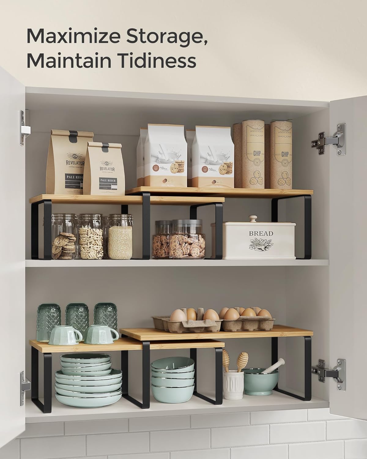 SONGMICS Cabinet Organizer Shelf, Set of 4 Kitchen Counter Shelves, Kitchen Storage, Spice Rack, Stackable, Expandable, Metal and Engineered Wood, Cloud White and Natural Beige UKCS010N01