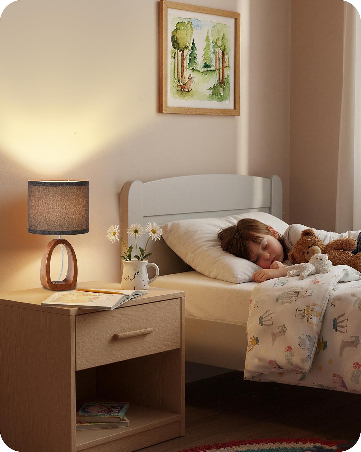 Small Table Lamp, 14.2" Cute Little Desk Lamp, Wood Bedside Lamp with Linen Lampshade, Modern Nightstand Lamp for Bedroom, E26 Base, Bulb Not Included, Beige and Dark Natural LE07TL05