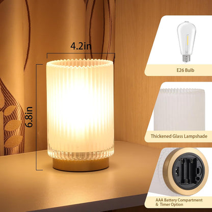 Battery Operated Lamp, Cordless Table Lamp with Timer, Desk Bedside Lamps with LED Warm Light, Glass Small Table Lamp for Bedroom, Bathroom, Living Room, Home Decor - Amber