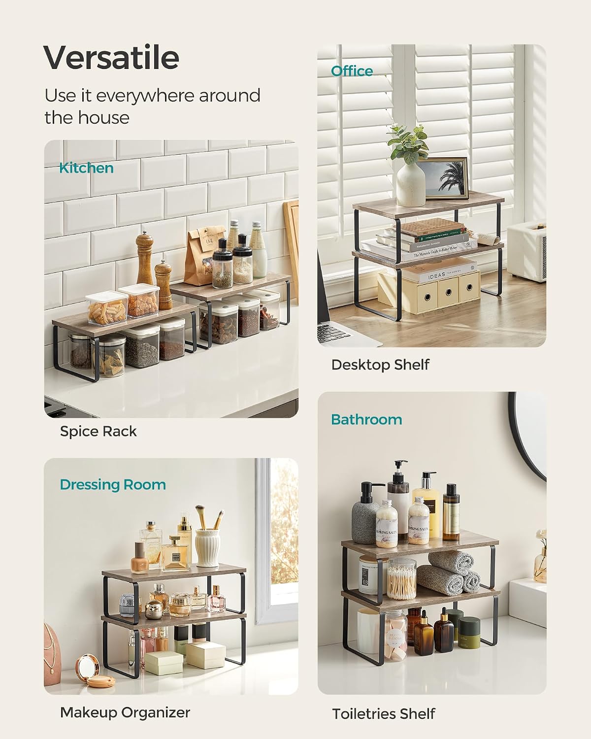 SONGMICS Cabinet Organizer Shelf, Set of 4 Kitchen Counter Shelves, Kitchen Storage, Spice Rack, Stackable, Expandable, Metal and Engineered Wood, Cloud White and Natural Beige UKCS010N01