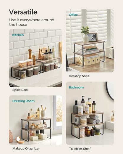 SONGMICS Cabinet Organizer Shelf, Set of 4 Kitchen Counter Shelves, Kitchen Storage, Spice Rack, Stackable, Expandable, Metal and Engineered Wood, Cloud White and Natural Beige UKCS010N01