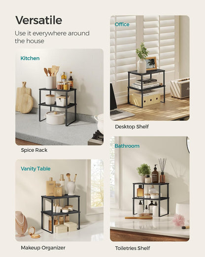 SONGMICS Cabinet Organizer Shelf, Set of 4 Kitchen Counter Shelves, Kitchen Storage, Spice Rack, Stackable, Expandable, Metal and Engineered Wood, Cloud White and Natural Beige UKCS010N01
