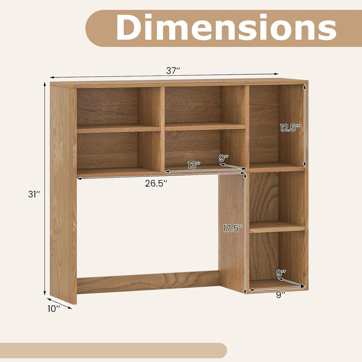 Desktop Bookshelf, Countertop Storage Hutch with 5 Shelves for Computer Desk, Desk 3-Tier Display Rack, Multipurpose Wood Desktop Hutch Storage Organizer for Dorm Office Home