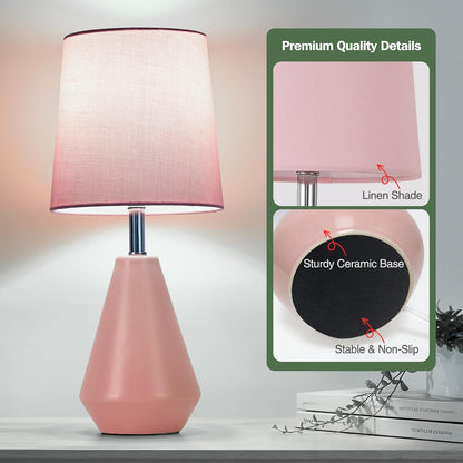 Small Bedside Table Lamp for Bedroom - Reading Desk Lamp with 3 Color Temperatures，15.5" Nightstand Ceramic Lamp with Fabric Shade for Kids Room,Living Room,Dorm,Home Office (Green)
