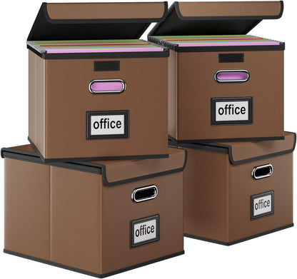 Upgraded Portable File Organizer Box with Lid, Collapsible Linen Hanging Filing Storage Boxes with Plastic Slides, Decorative Home/Office Filing System Box for File and Folders Storage (Gray)