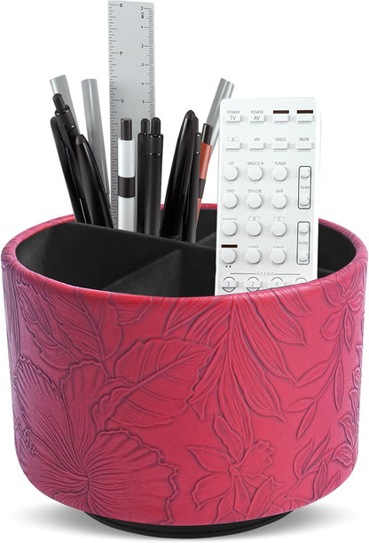 Round Leather Art Supply Organizer,Remote Control Holder,360 Degree Rotating,Multi-Functional Pencil Holder,4 Compartments Desktop Stationary Organizer(1-Blue Bird) - Colors B