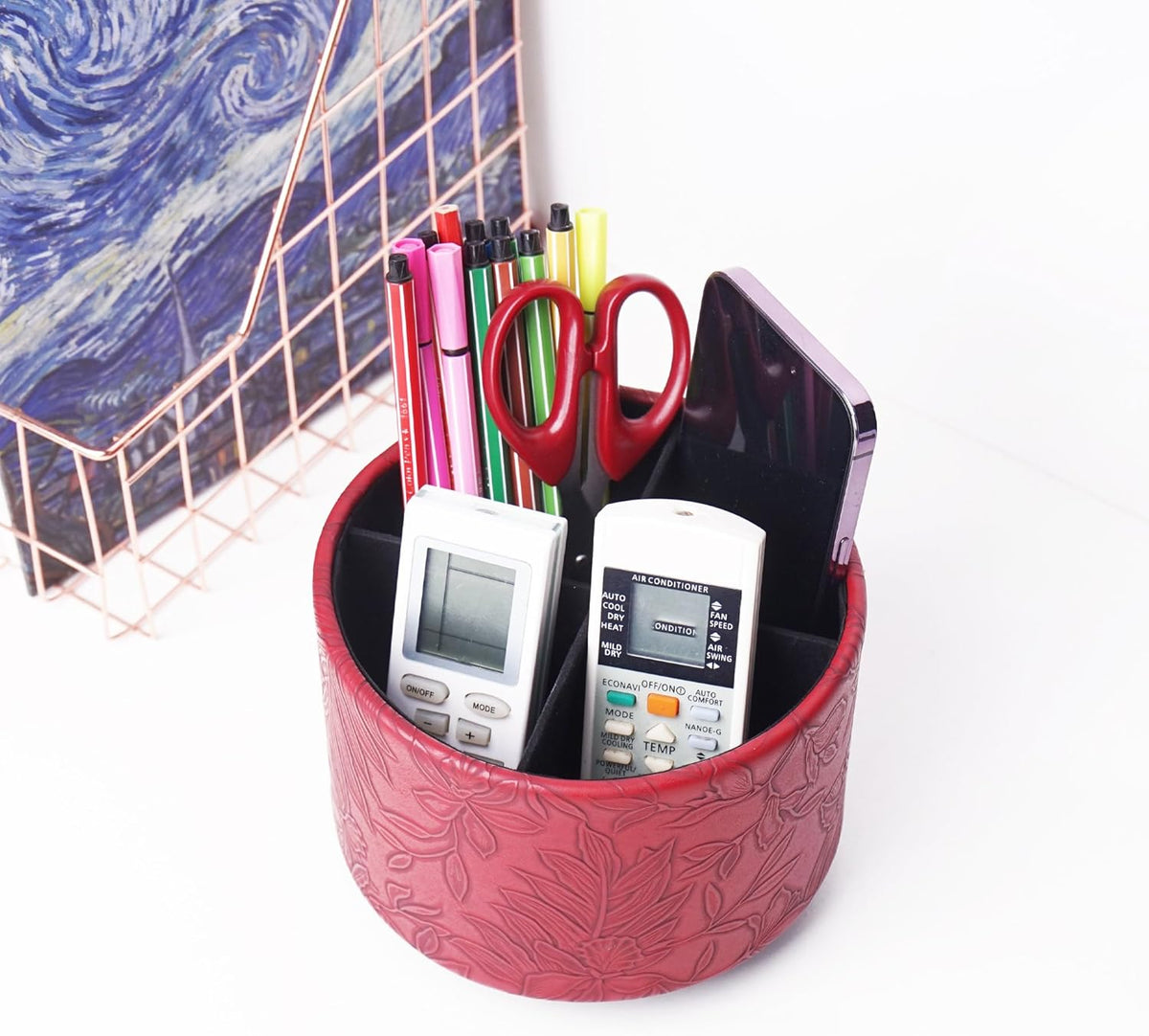 Round Leather Art Supply Organizer,Remote Control Holder,360 Degree Rotating,Multi-Functional Pencil Holder,4 Compartments Desktop Stationary Organizer(1-Blue Bird) - Colors B