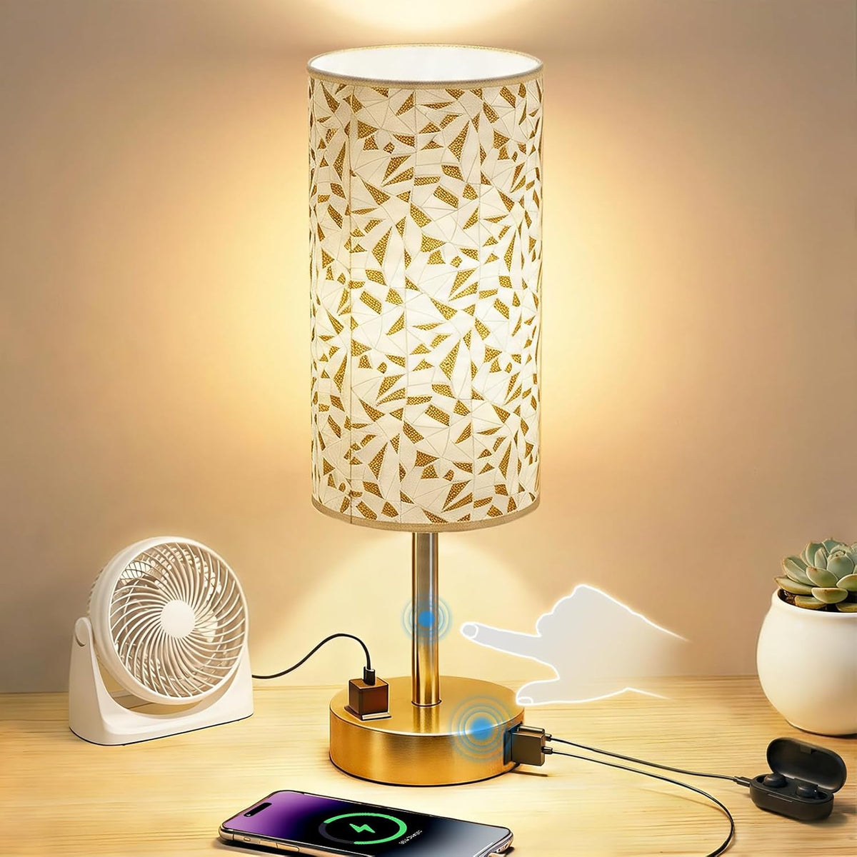 Table Lamp for Nightstand, High-Sensitivity Touch, 3-Level Dimmable Bedside Lamp with AC Outlet | USB | and USB-C, Ideal Night Stand Lamp for Bedroom, Reading, Living Room(Warm&Wooden)
