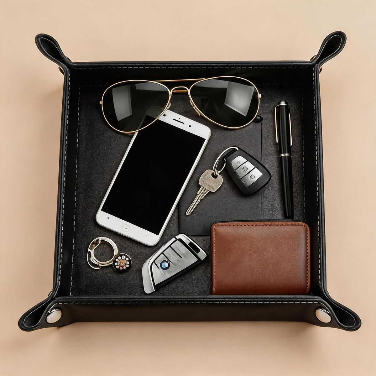 Valet Tray Desktop Storage Organizer – Vegan Leather Catchall Bedside Vanity Tray Nightstand Caddy Holder for Remote Controller, Watch, Keys, Phone, Wallet, Coin, Jewelry (Orange/Black)
