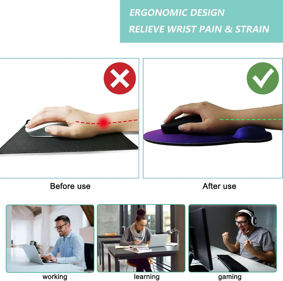 Mouse Pad with Wrist Support, Ergonomic Mouse Pad with Memory Foam Wrist Rest Cushion, Non-Slip Rubber Base Gaming Mice Pad for Home Office Computer Laptop, Flower Black