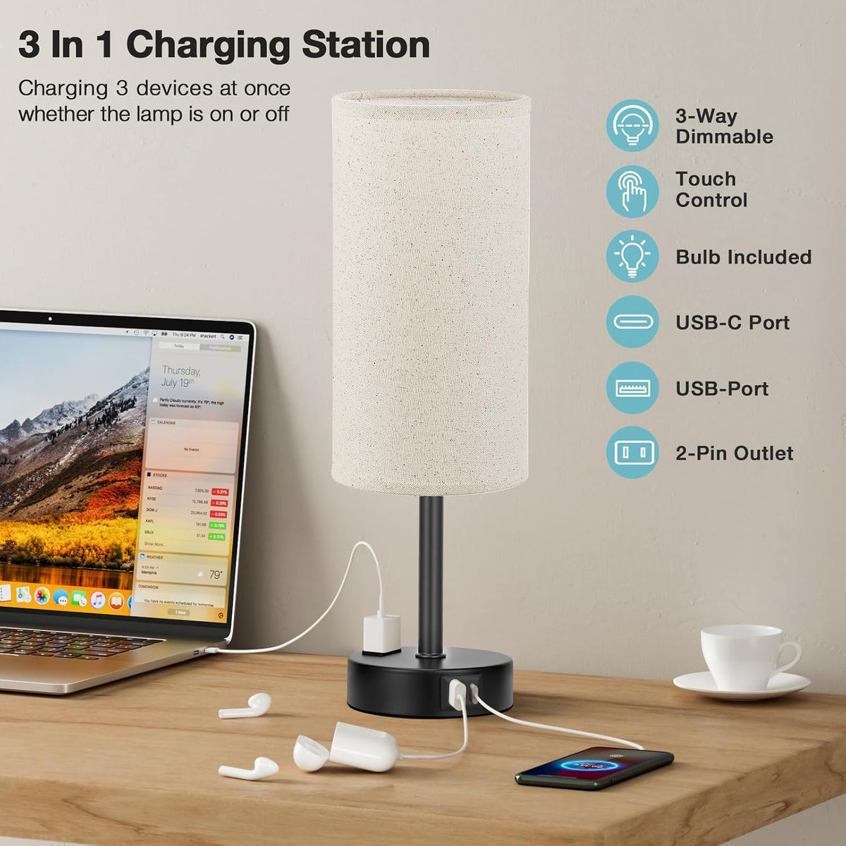 Fenmzee Bedside Table Lamp for Bedroom - Dimmable Touch, USB A+C, AC Outlet