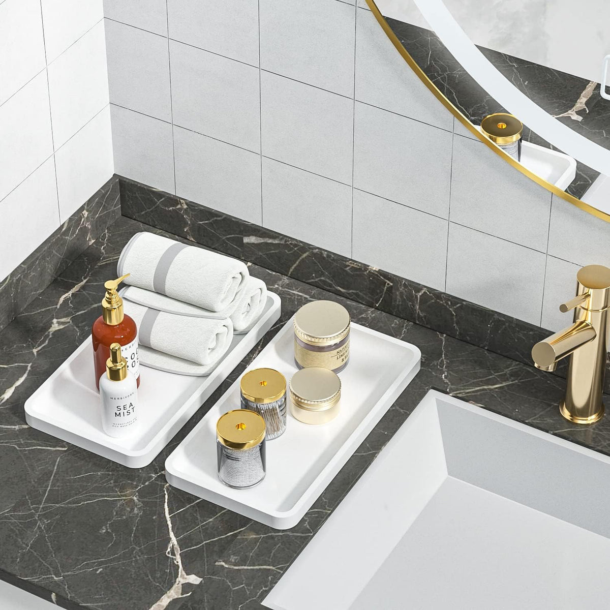 Small Bathroom Vanity Tray for Countertop Makeup Perfume Jewelry Decor Candle Keys, Small Black Kitchen Tray for Soap Dispenser Spice Bamboo Toilet Tray 7.9" L x 4" W x 0.79" H