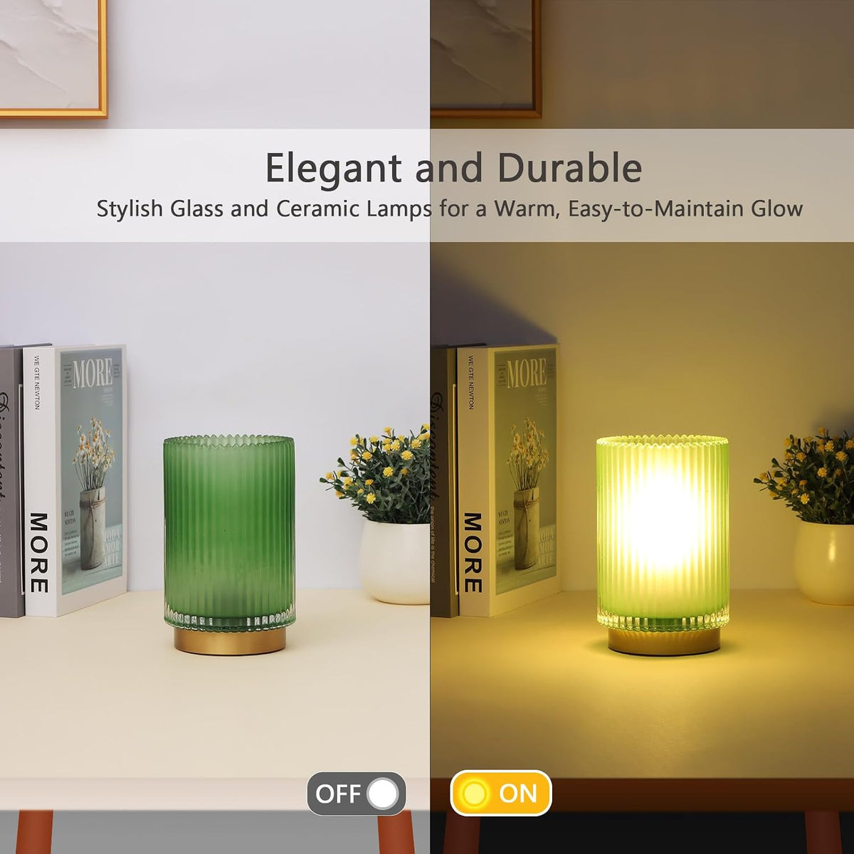 Battery Operated Lamp, Cordless Table Lamp with Timer, Desk Bedside Lamps with LED Warm Light, Glass Small Table Lamp for Bedroom, Bathroom, Living Room, Home Decor - Amber
