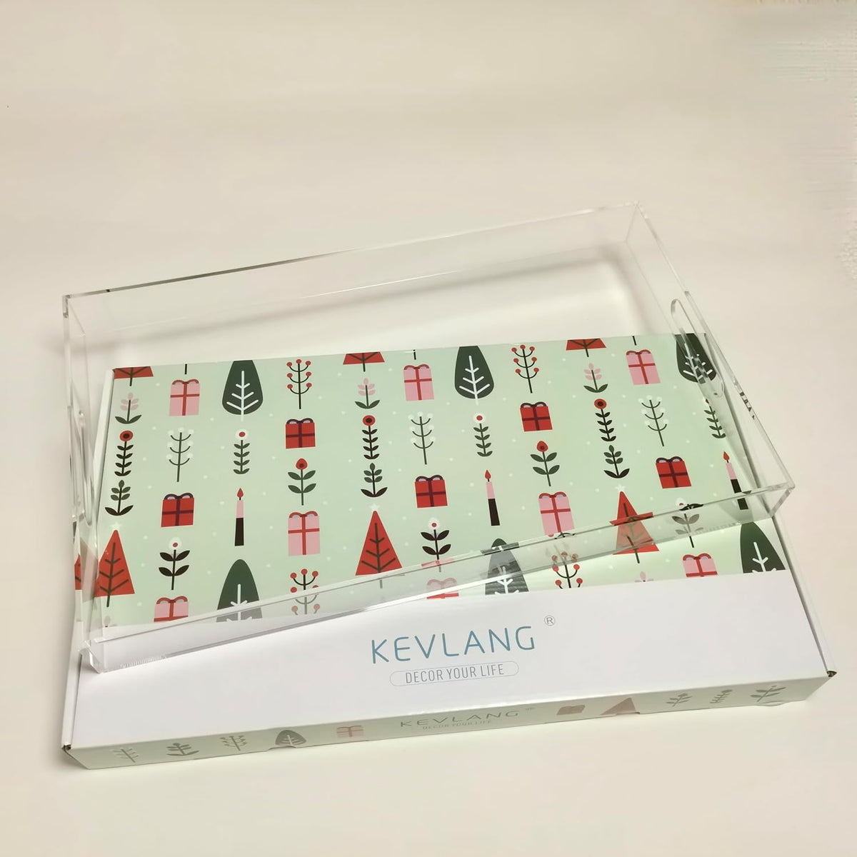 KEVLANG Glossy White Sturdy Acrylic Serving Tray with Handles-12x20 Inch-Serving Coffee Appetizer Breakfast-Kitchen Countertop Makeup Drawer Organizer-Vanity Table Ottoman Decorative Tray