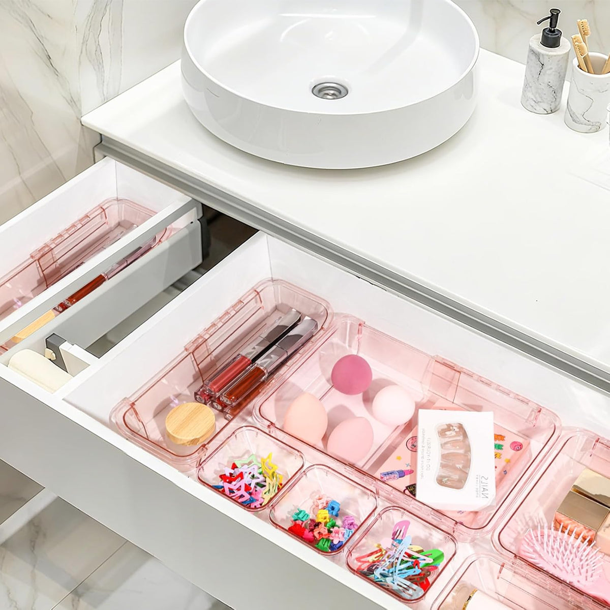 Adjustable Clear Drawer Organizer, Extendable Vanity Storage Bins, Desk Drawer Organizer Set for Makeup, Cosmetics, Bedroom, and Gadgets, Purple