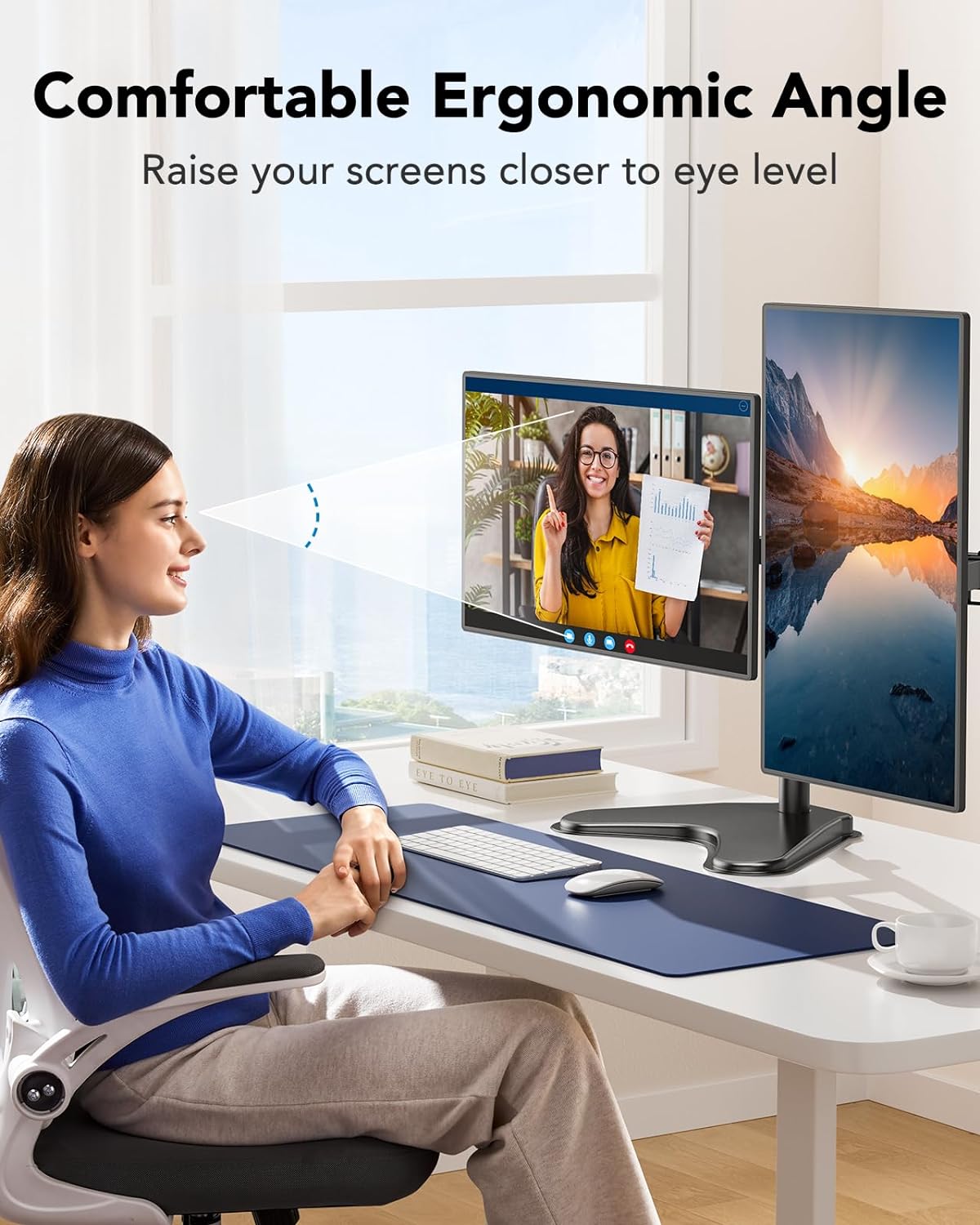 32 inches Dual Monitor Stand up to 17.6lbs per Arm, High-Grade Aluminum Free Standing Dual Monitors Mount for 2 Screens. Fully Adjustable Dual Monitor Stand for Desk with Tilt, Swivel, Rotation