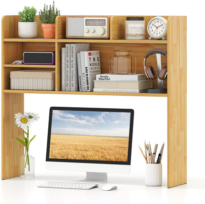 Desktop Bookshelf, Countertop Storage Hutch with 5 Shelves for Computer Desk, Desk 3-Tier Display Rack, Multipurpose Wood Desktop Hutch Storage Organizer for Dorm Office Home