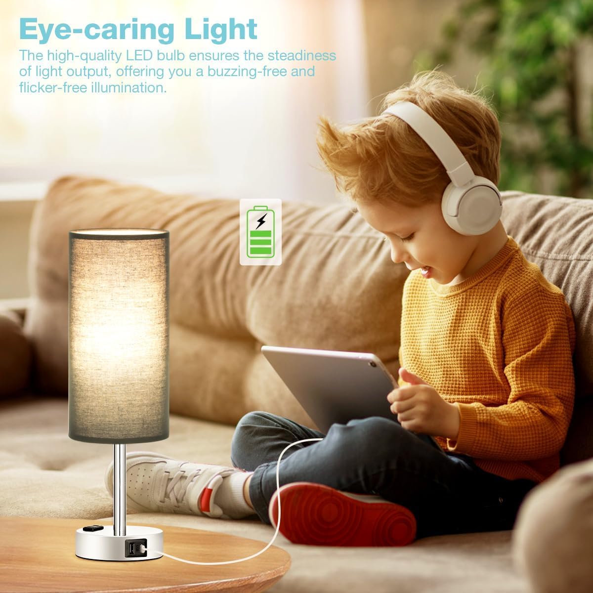Fenmzee Bedside Table Lamp for Bedroom - Dimmable Touch, USB A+C, AC Outlet
