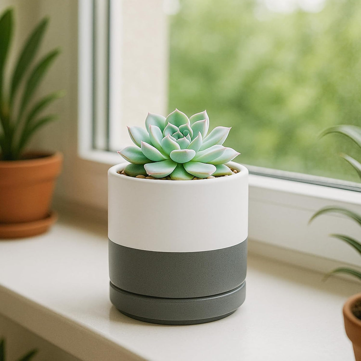 D'vine Dev 4.7 Inch Ceramic Planter Pot with Drainage Hole and Saucer, Indoor Cylinder Round Planter Pot, Teal, 94-O-B-9