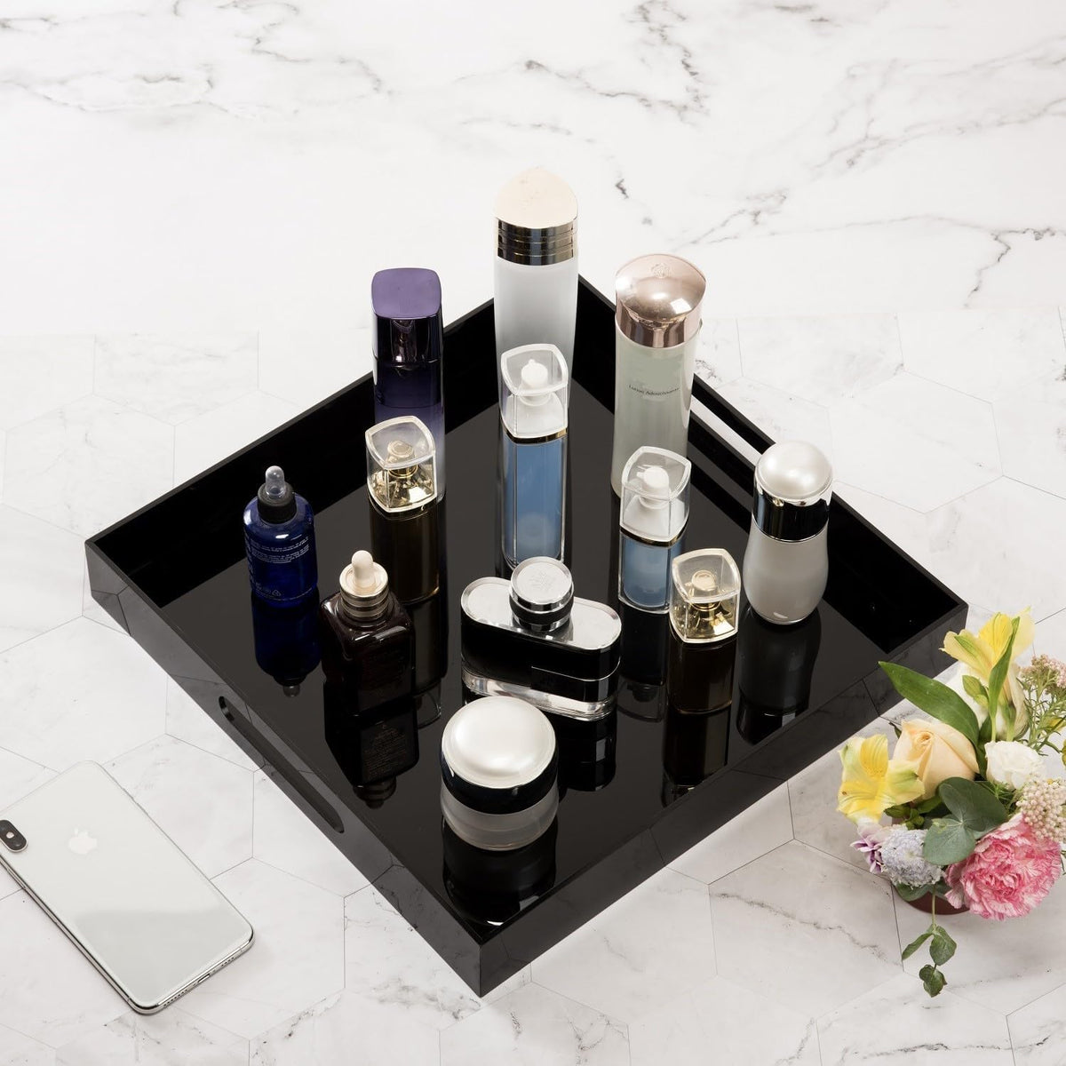 KEVLANG Glossy White Sturdy Acrylic Serving Tray with Handles-12x20 Inch-Serving Coffee Appetizer Breakfast-Kitchen Countertop Makeup Drawer Organizer-Vanity Table Ottoman Decorative Tray