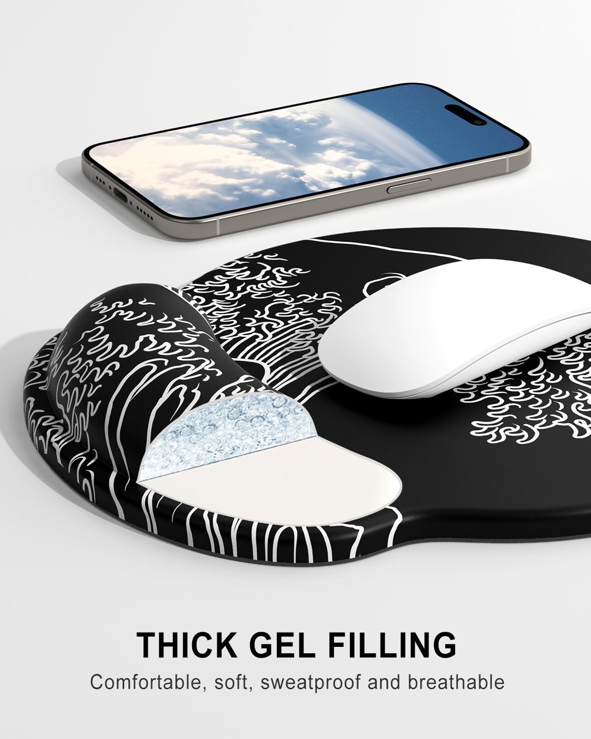 Ergonomic Mouse Pad with Wrist Rest, Comfortable Silicone Non-Slip Computer Pain Relief Gel Mouse Mat with Wrist Support for Gaming, Work, Office, Women & Men, Cute Pattern, Beige
