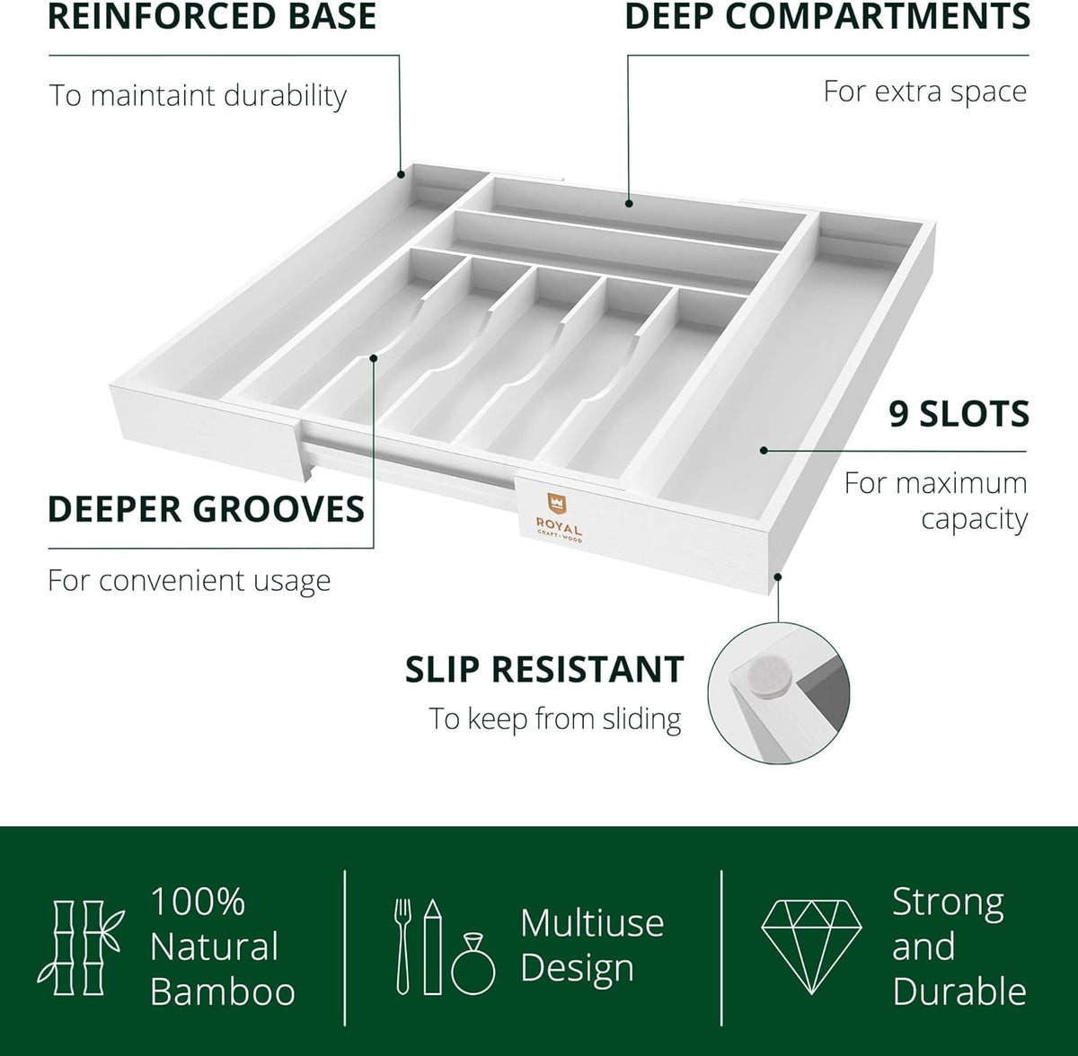 ROYAL CRAFT WOOD Luxury Bamboo Kitchen Drawer Organizer - Silverware Organizer, Utensil Holder & Cutlery Tray Drawer Dividers for Flatware (9 Slot, Natural)