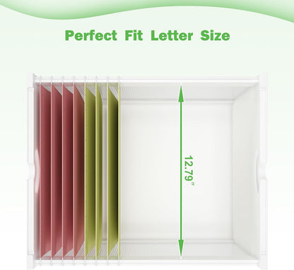 Hanging File Box Organizer for Letter Size, Bamboo Acrylic File Folder Storage with Lid Clear Moving Boxes Wooden with Handle Desktop Wood Filing Holder for Office Banker Document White 1 Pack