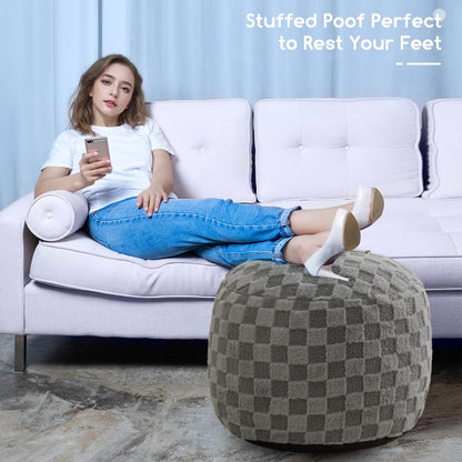 Round Stuffed Pouf Ottoman, Corduroy Poufs with Foam Chunk Filling, Furry and Fluffy Pouf Foot Stool Storage Ottoman, 20 X 15 Floor Poufs Foot Rest for Living Room, Dark Grey