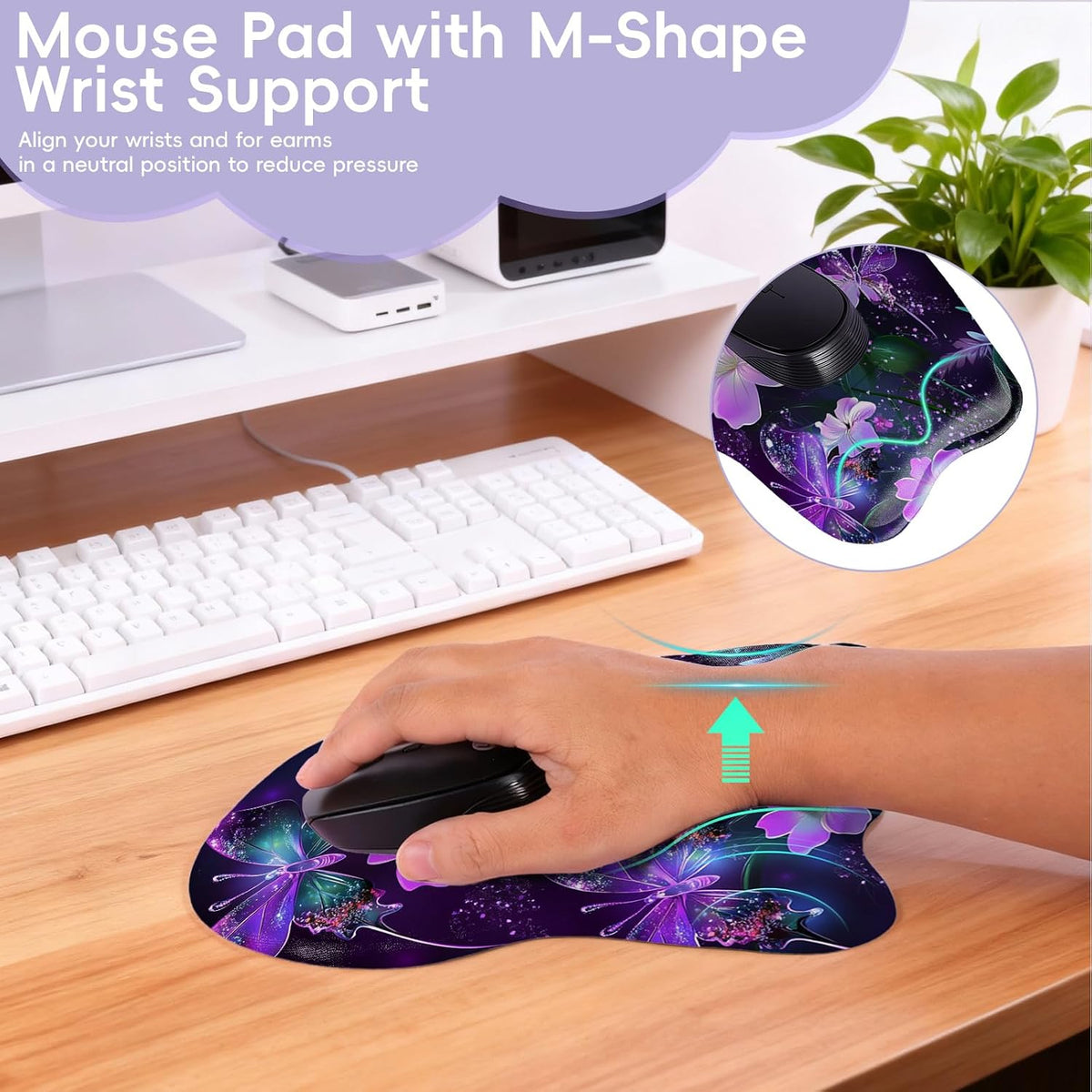 Wrist Support Mouse Pad Anti Slip Rubber Wrist Rest Mousepad 9in X 8in Small Desktop Notebook Mouse Mat for Working and Gaming (M-Pink Floral)