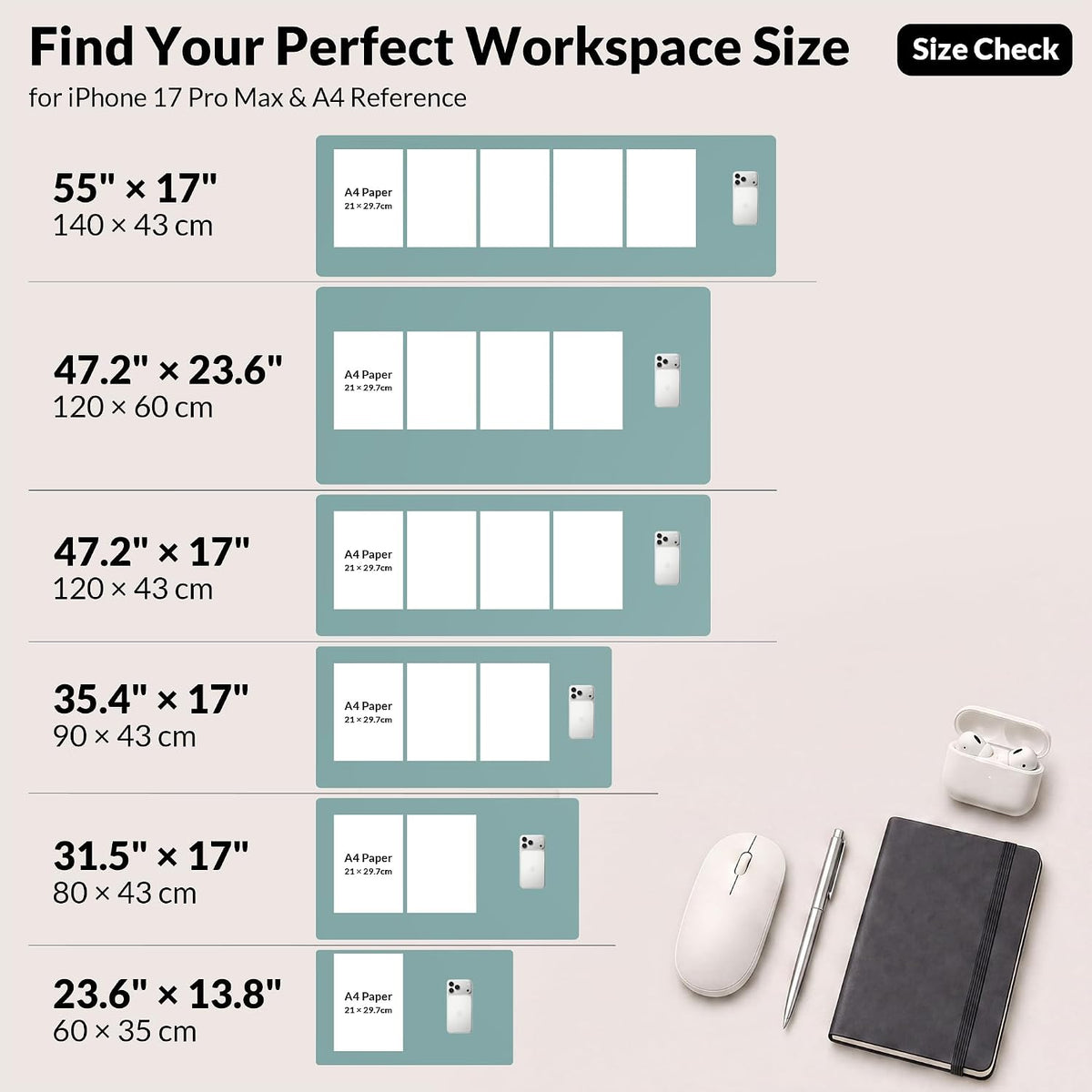 Large Desk Mat, 47" x 17", Black