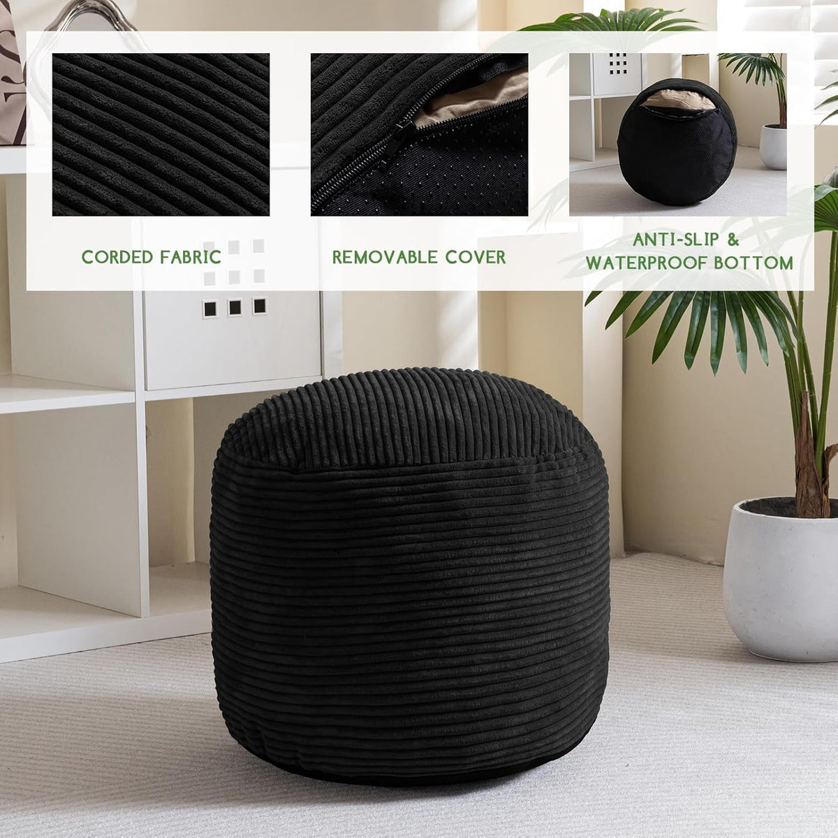 Round Stuffed Pouf Ottoman, Corduroy Poufs with Foam Chunk Filling, Furry and Fluffy Pouf Foot Stool Storage Ottoman, 20 X 15 Floor Poufs Foot Rest for Living Room, Dark Grey