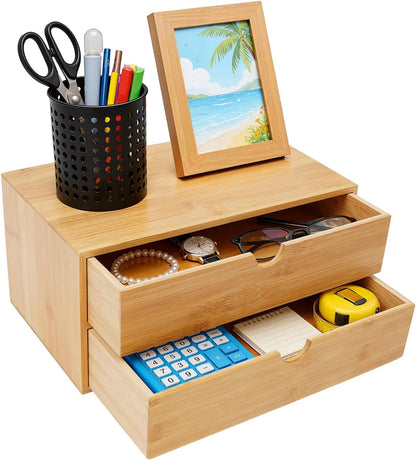 Desk Organizer, Office Vanity Bamboo Desk Organizer, Mini Bamboo Desk Drawer Tabletop Storage Box with 2 Drawer Night Stand Table Organizer for Makeup Vanity Office Supplies (2 Drawer)