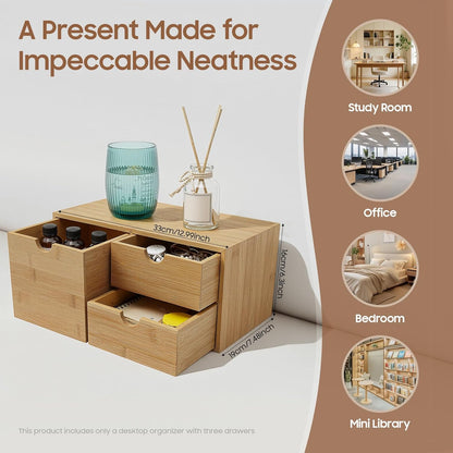 Desk Organizer, Office Vanity Bamboo Desk Organizer, Mini Bamboo Desk Drawer Tabletop Storage Box with 2 Drawer Night Stand Table Organizer for Makeup Vanity Office Supplies (2 Drawer)